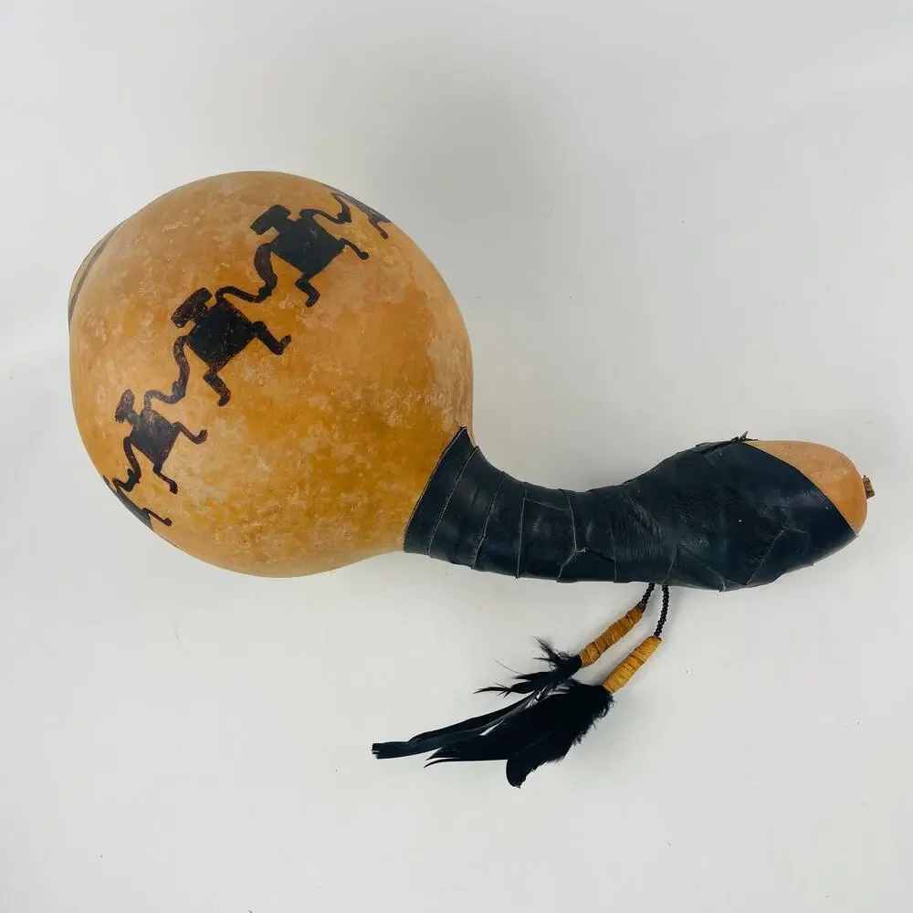 Native American Folk Art Gourd Rattle Petroglyph-style Paint & Feathers